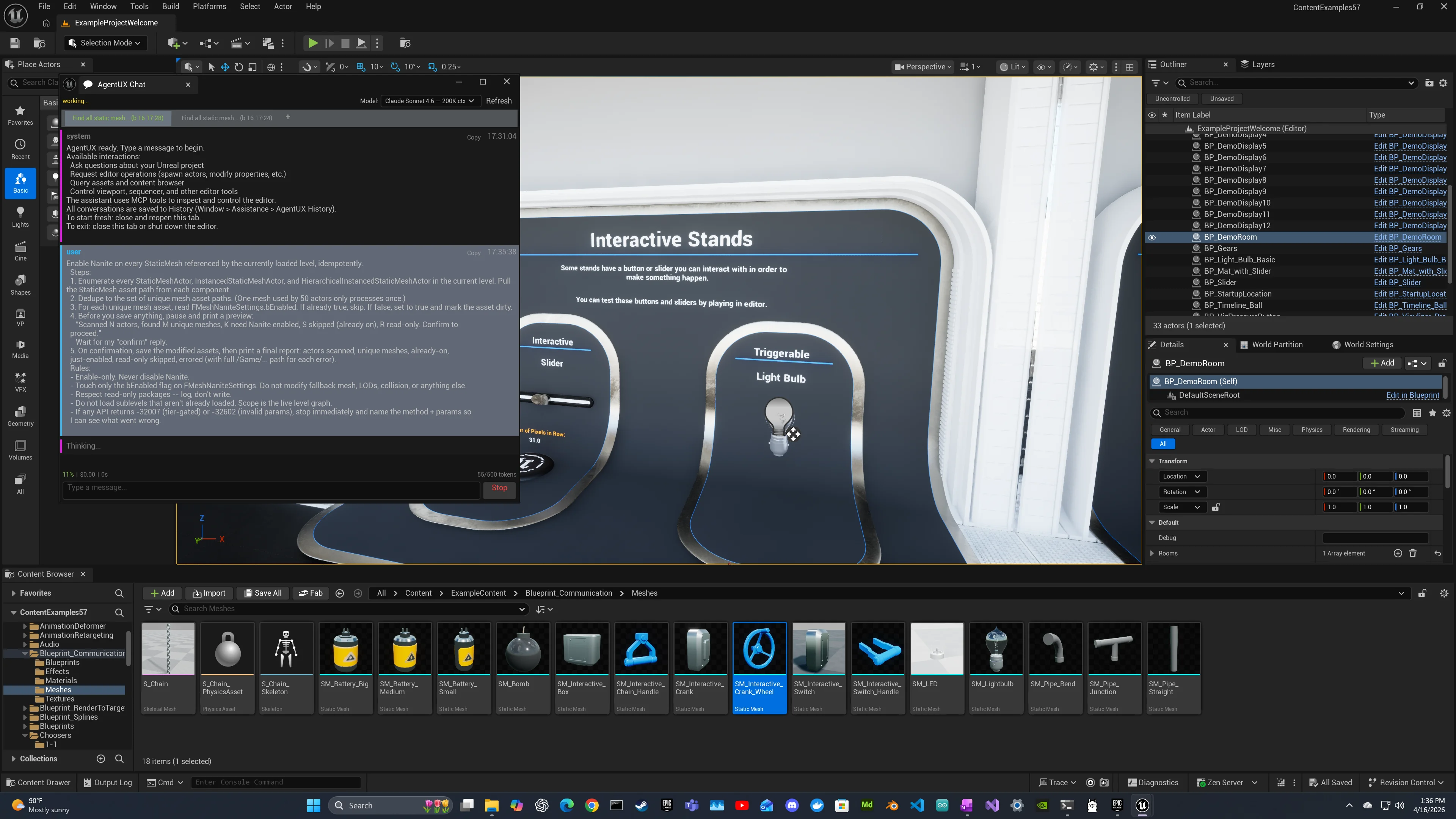 Claude Chat session in the Unreal Editor showing the bulk-Nanite prompt entered and Claude's initial response outlining the scanProject and getUsageReport steps