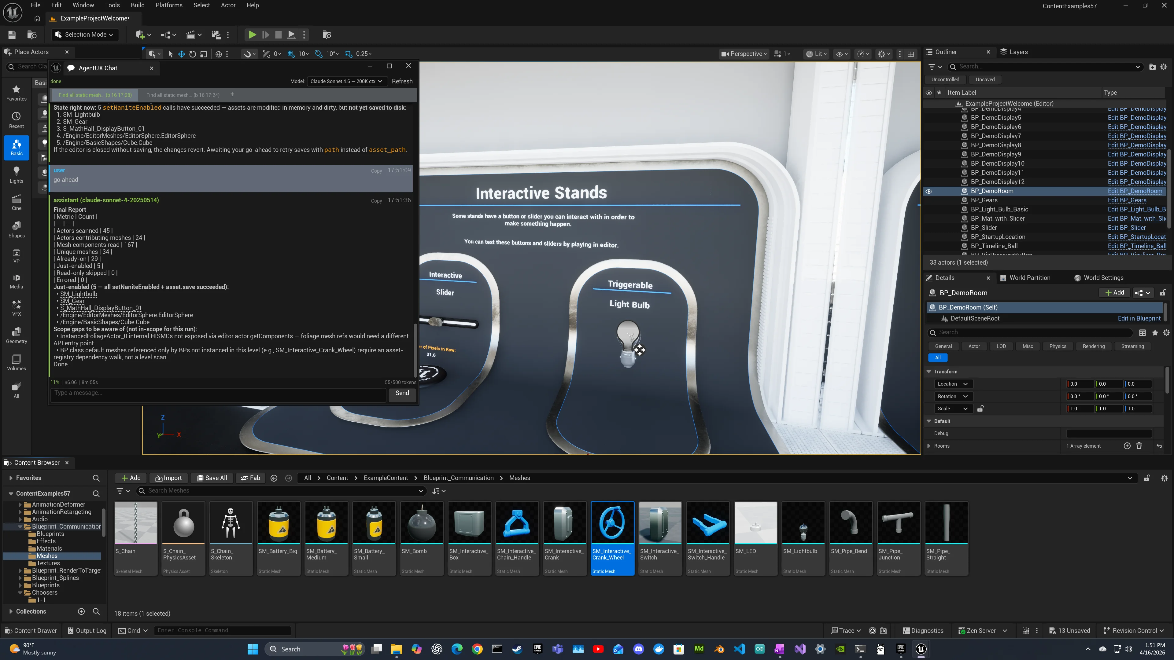 Claude's final report after the bulk-Nanite run: StaticMesh assets scanned, unique meshes identified, Nanite enabled per asset, save completed