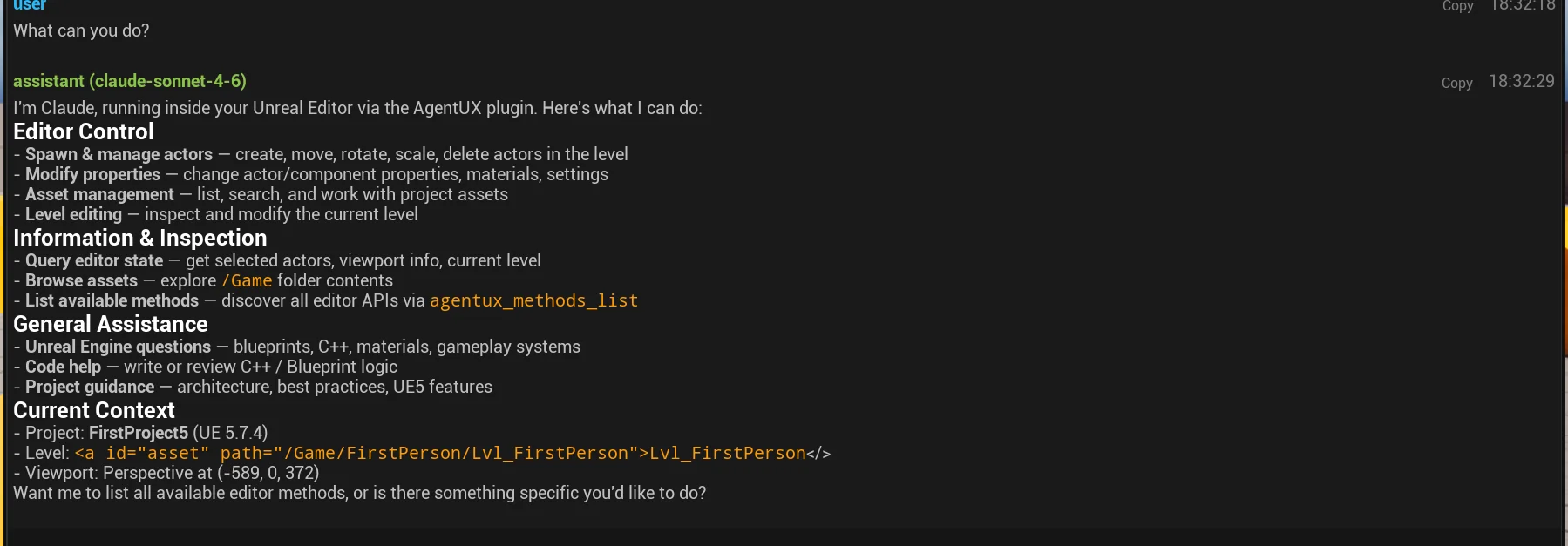 Claude running inside Unreal Editor listing available capabilities