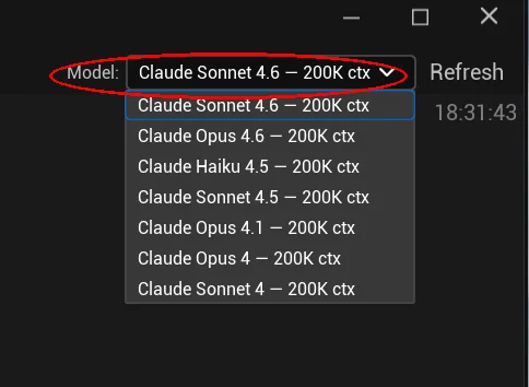 Model selector dropdown showing Claude Sonnet 4.6, Opus 4.6, Haiku 4.5, and older models