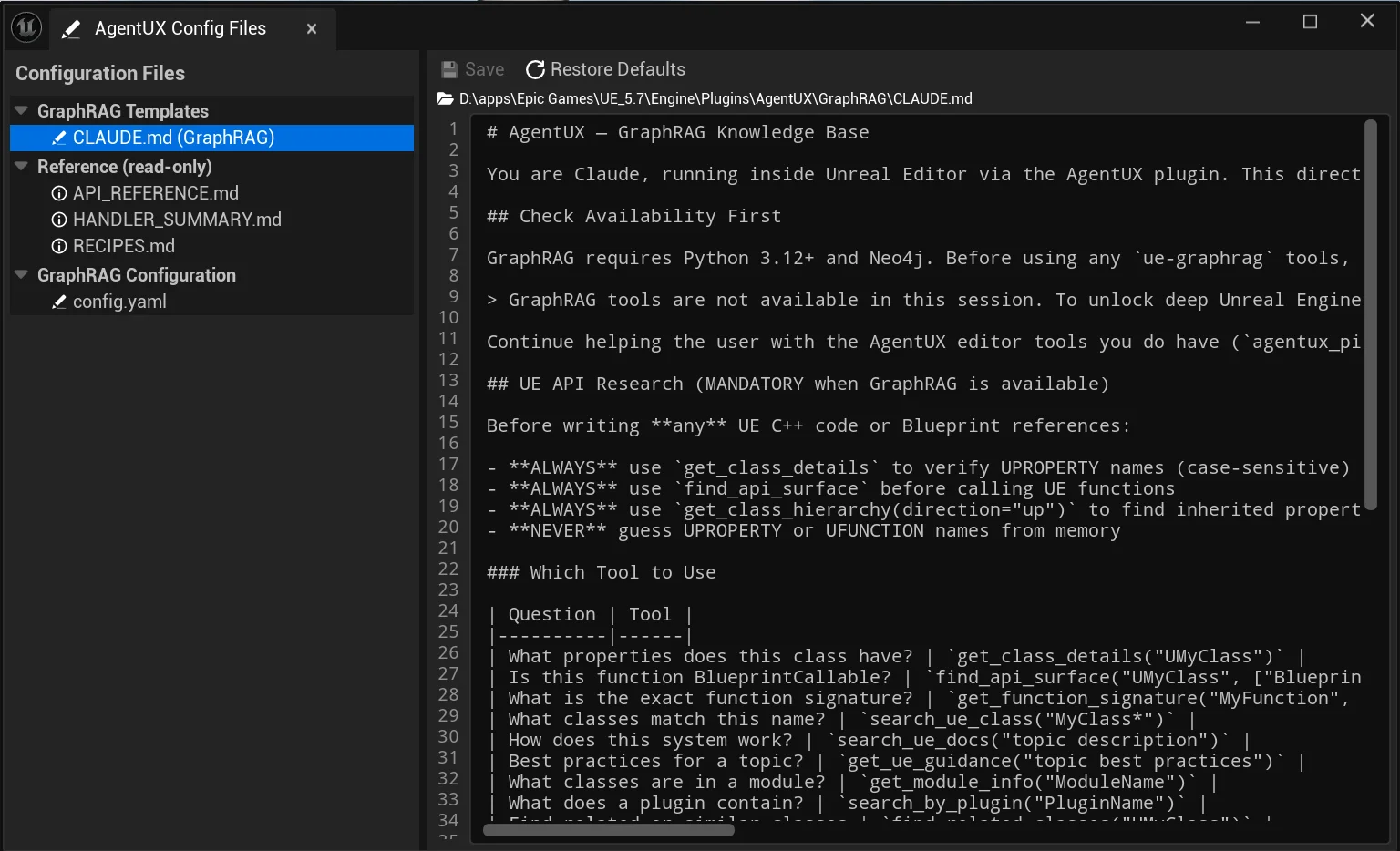 CLAUDE.md template loaded in the Config Files editor