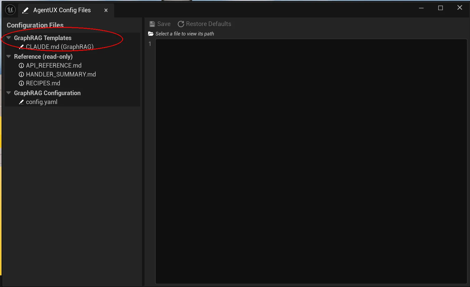 Config Files editor showing file tree and empty editor panel