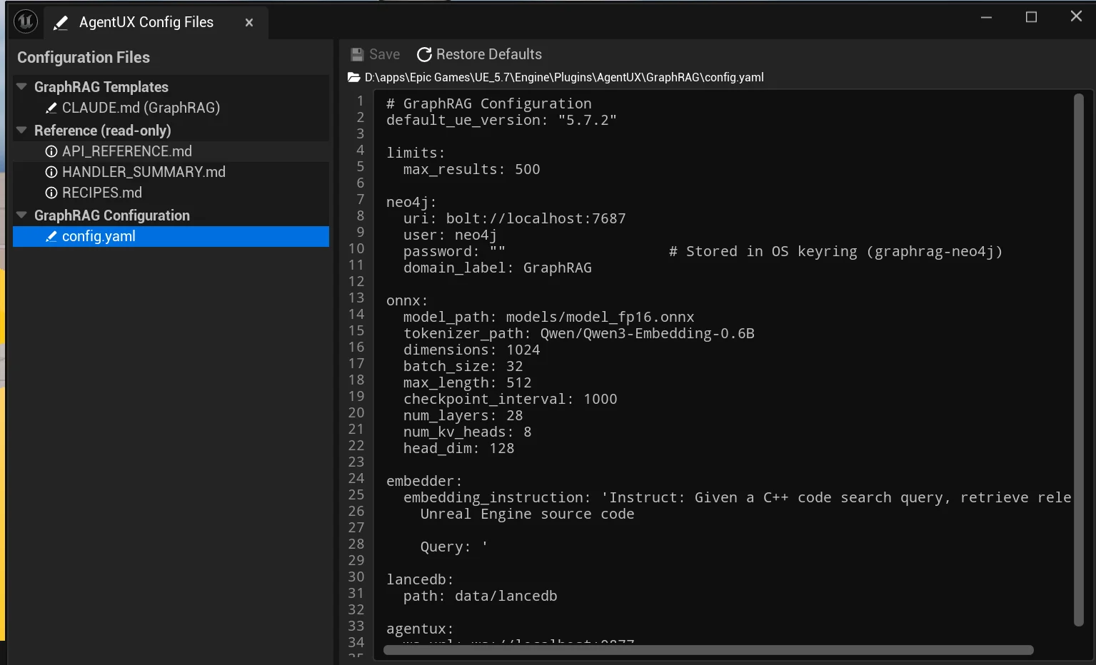 config.yaml file open in the Config Files editor showing GraphRAG settings