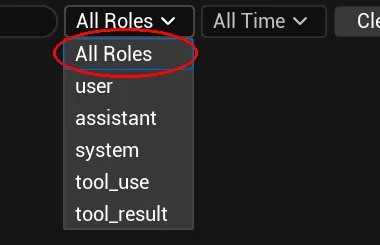 History role filter dropdown showing user, assistant, system, tool_use, and tool_result options