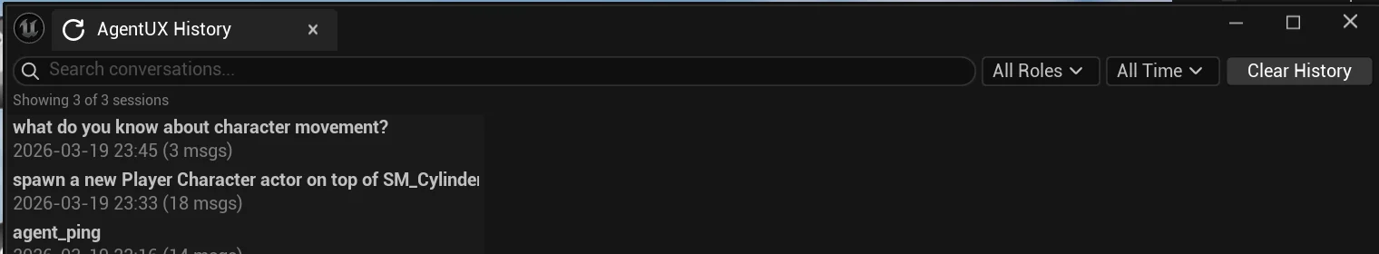 History tab showing past chat sessions with timestamps