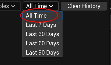 History time filter dropdown showing last 7, 30, 60, and 90 day options
