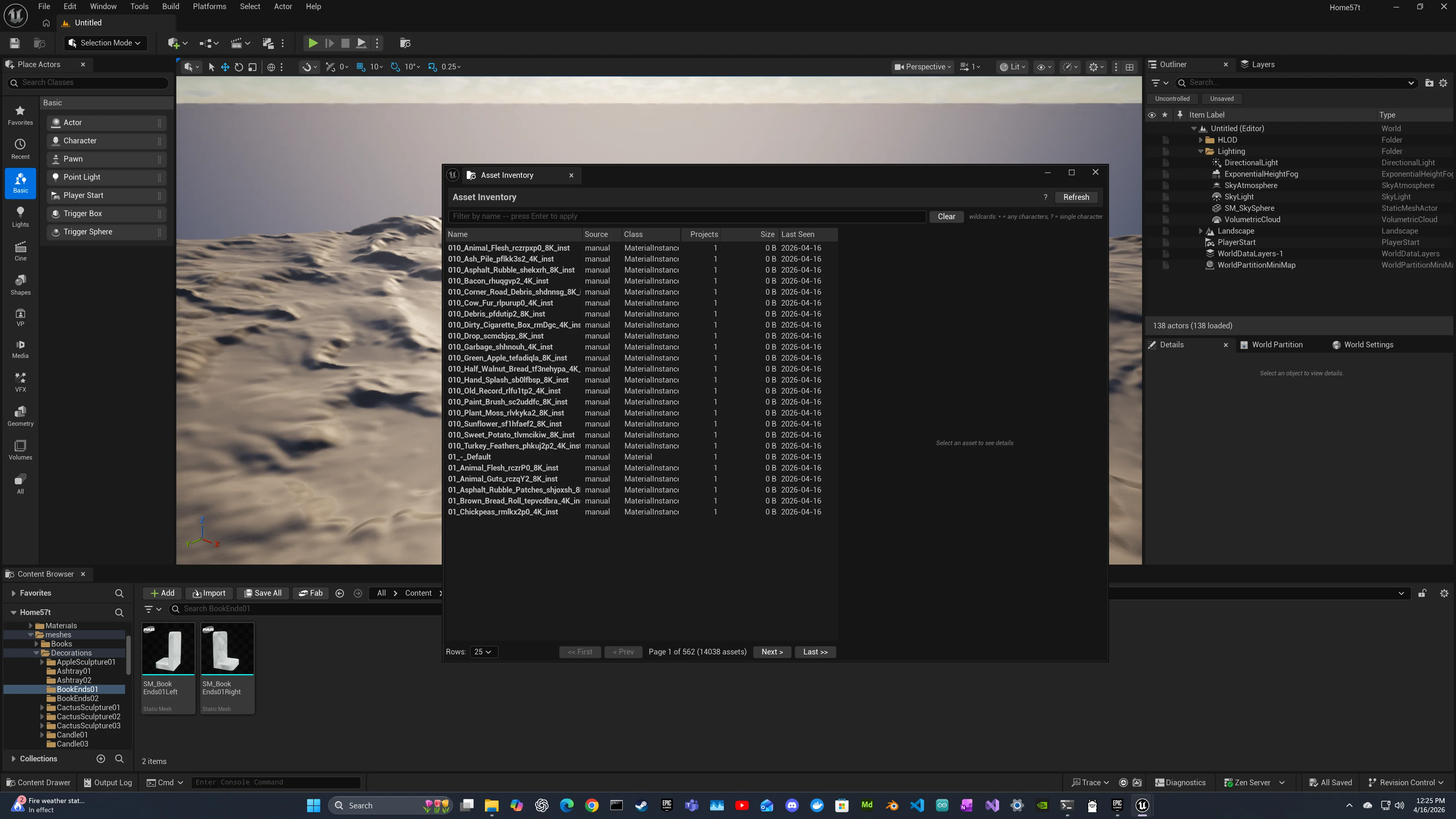 Asset Inventory nomad tab docked in the Unreal Editor, showing a sortable list of assets with Name, Source, Class, Project Count, Size, and Last Seen columns