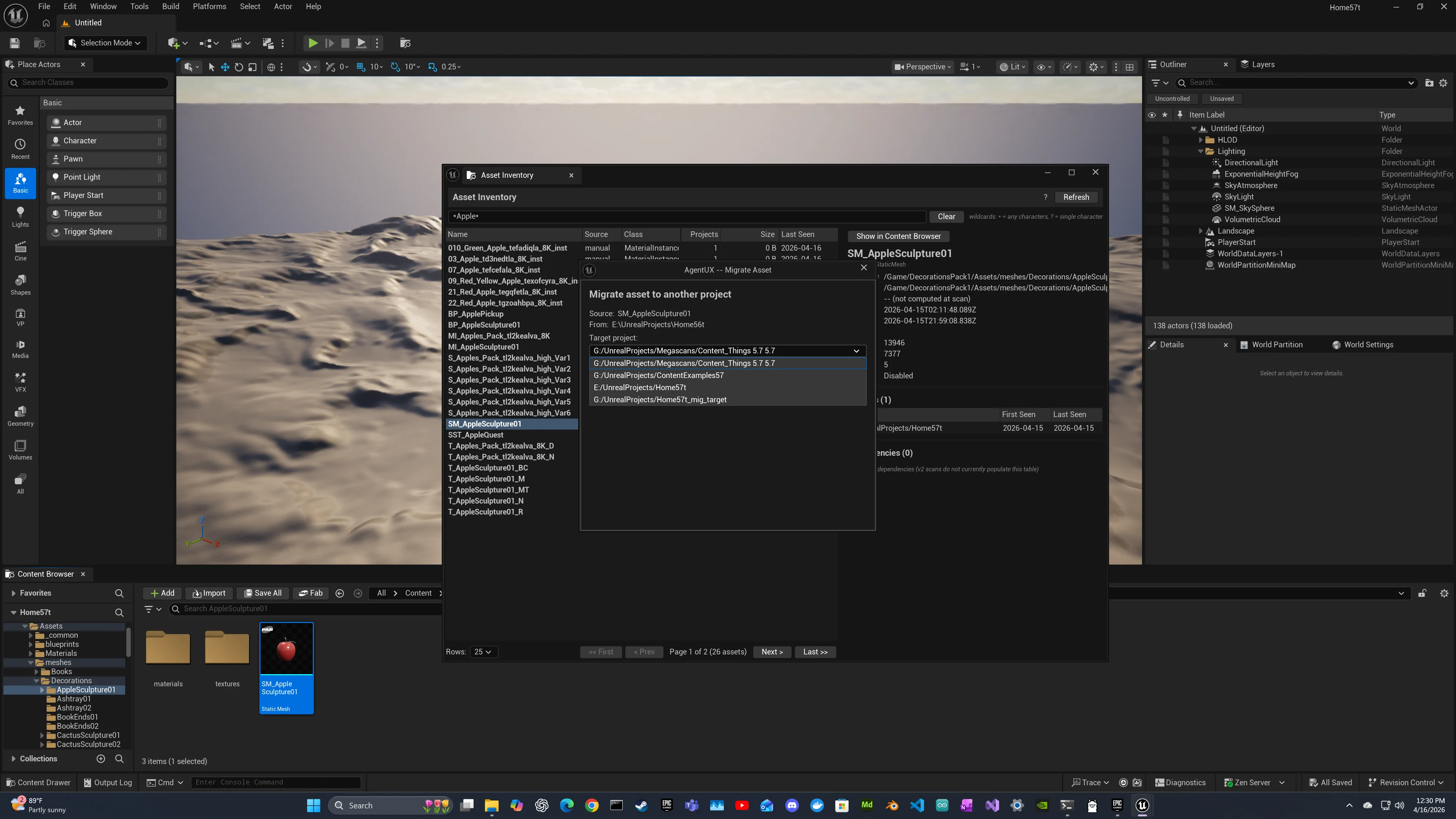 Migrate to Project dialog in the Asset Inventory panel, with the target project combo expanded and the cascade dependencies checkbox visible