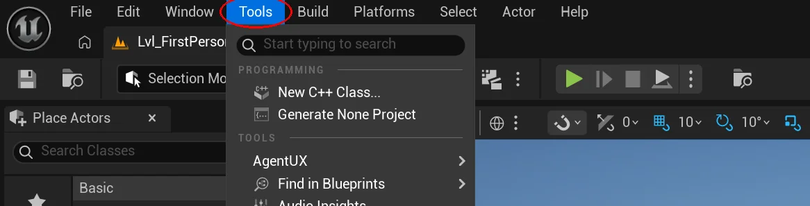 Unreal Editor Tools menu with AgentUX visible
