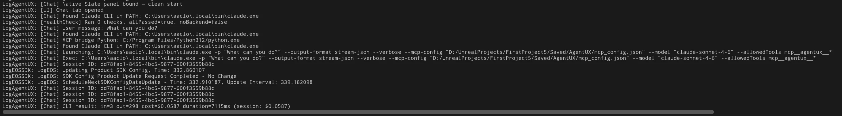 Output Log showing LogAgentUX entries for a CLI chat session including command execution, session ID, and cost breakdown