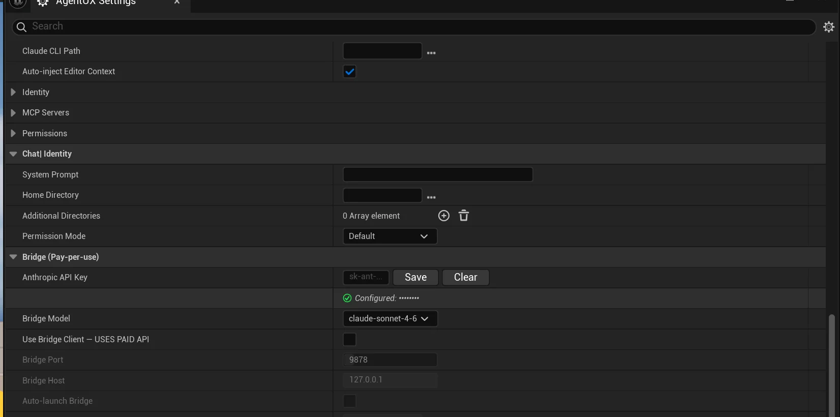 AgentUX Settings panel showing Chat Identity, Bridge, Security, and Knowledge Base sections