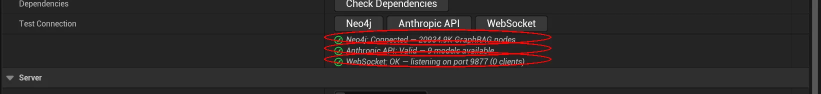 Connection status test results showing Neo4j, Anthropic API, and WebSocket all passing