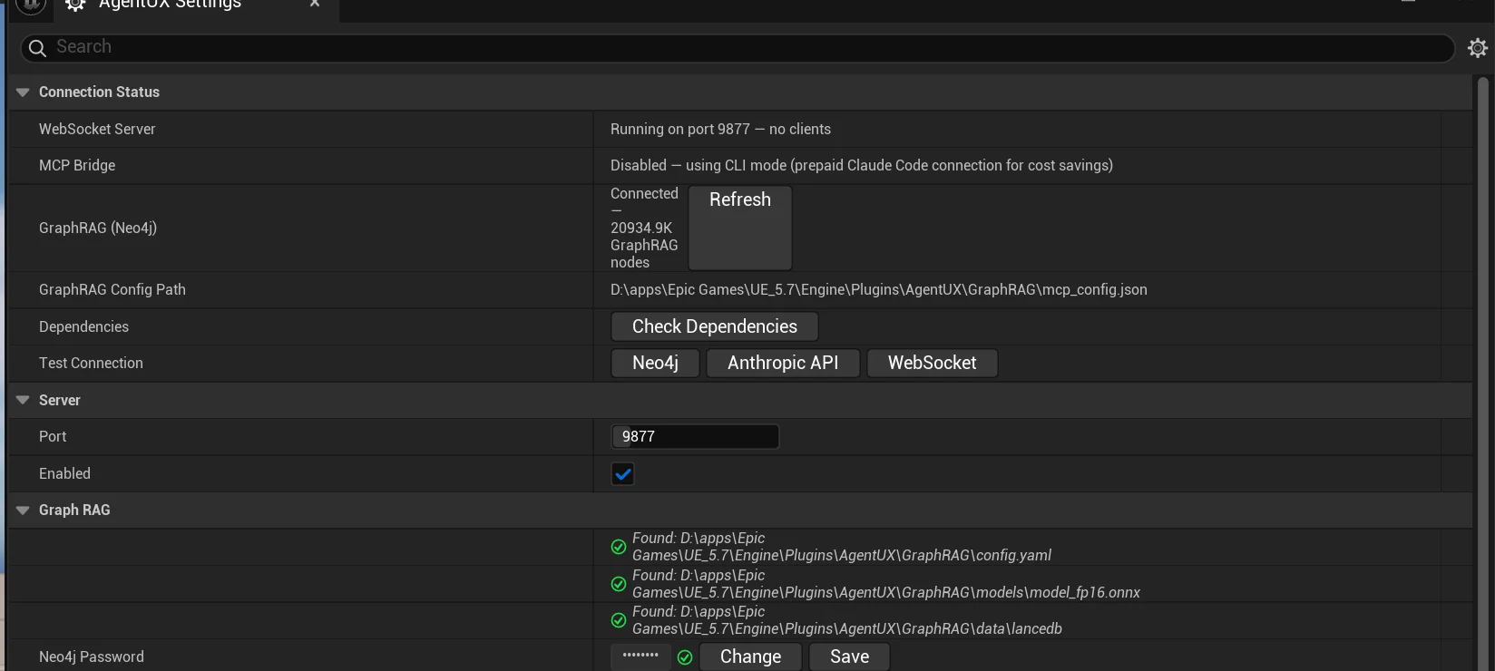 AgentUX Settings panel showing Connection Status, Server, GraphRAG, and Chat sections