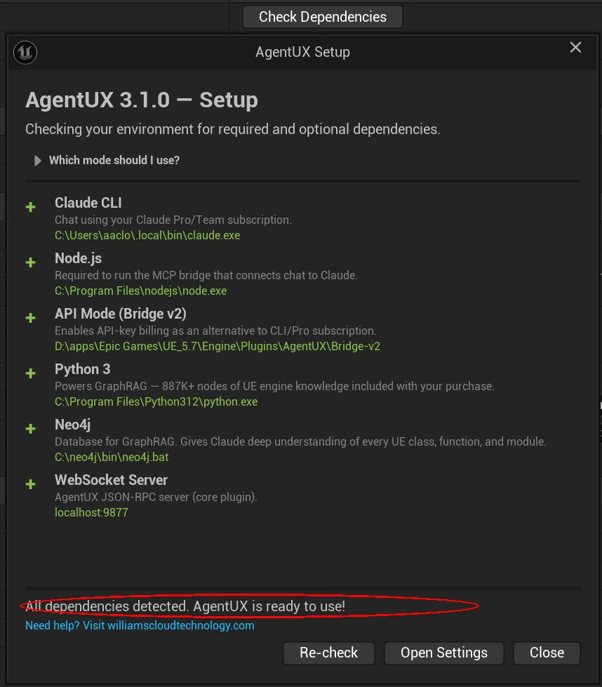 AgentUX Setup wizard showing all dependencies detected